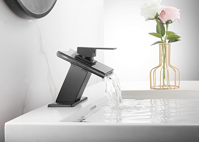 Bathroom Faucet Black Waterfall Glass Spout Single Handle One Hole Bath Sink Faucet Vanity Lavatory Basin Mixer Tap with Cover Plate Deck Mount Commercial