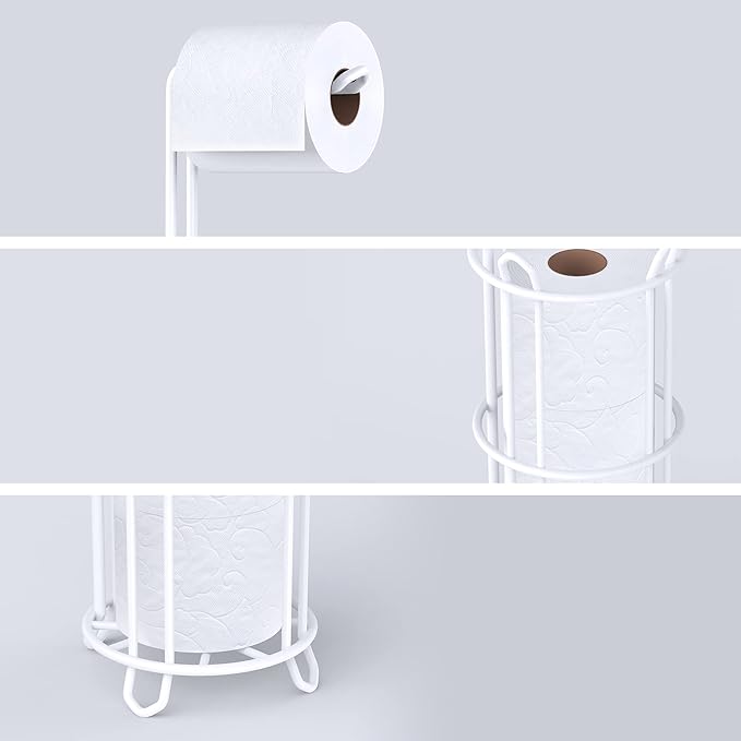 Meangood Toilet Paper Holder Stand and Tissue Paper Roll Dispenser for 4 Mega Rolls, Bathroom Free Standing Tissue Roll Storage Holder Rack, Metal Wire White