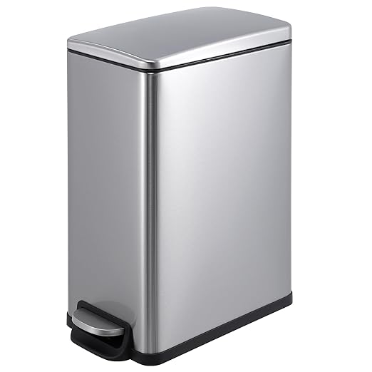 Garvee Slim Trash Can with Lid, 12 Gal (45 L) Stainless Steel Kitchen Garbage Can with Inner Bucket and Step On Foot Pedal, Narrow Metal Trash Bin, Silver