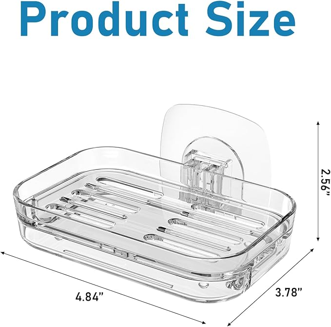 Soap Dish for Shower Clear Acrylic Bar Soap Holder with Self-Draining Design - No Drilling Required Strong Adhesive Mount for RV Bathroom and Kitchen Easy to Clean and Space-Saving (Adhesive)