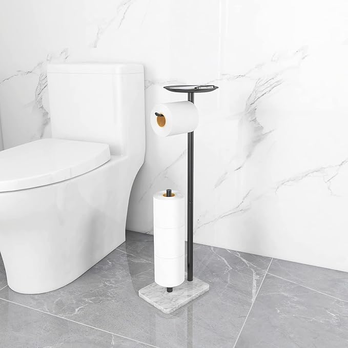 Toilet Paper Holder Stand for Bathroom Floor Standing Toilet Roll Dispenser Storages 4 Reserve Rolls, with Top Storage Shelf for Cell Phones, Wipe, Wallet and More(Marble Black)