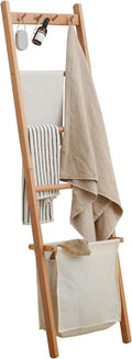 Beech Wood Blanket Ladder, 5.3ft Natural Farmhouse Quilt Holder with Top Hooks, 4-Bar Decorative Throw Rack, Towel Shelf for Living Room, Bedroom, Small Space Storage (Natural Cloth Bag)