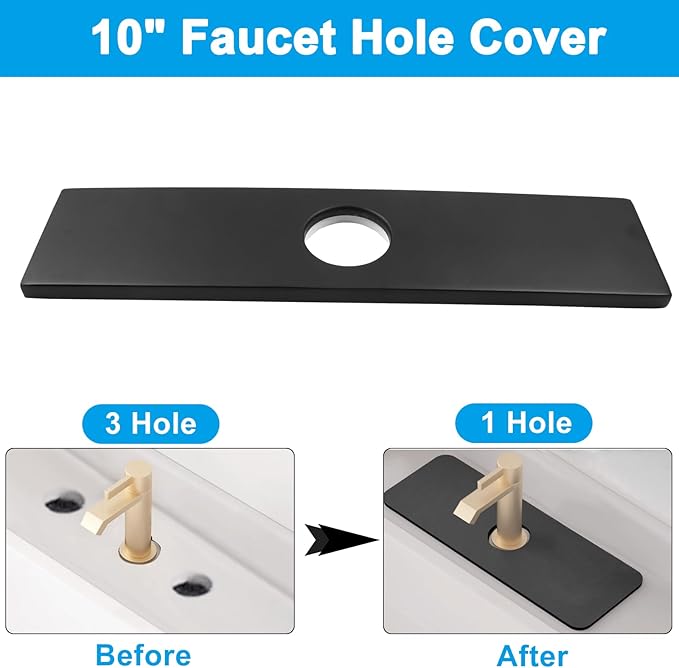 Biaungdo 10" Hole Cover Deck Plate, Matte Black Escutcheon Plate Stainless Steel Bathroom Faucet Plate Rectangle Faucet Cover Plate for 1 or 3 Hole Bathroom Vanity Sink Faucet