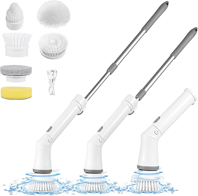 Electric Spin Scrubber, 2 Speed Adjustable Cordless Cleaning Brush with 6 Replaceable Heads, Waterproof Electric Telescopic Brush for Cleaning Bathroom, Tub and Tile Floor