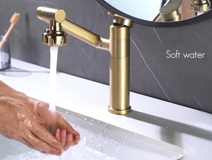 Bathroom Faucet Champagne Gold 1080 Degree Swivel Lavatory Basin Sink Faucet 1 Handle Big Angle Spray Aerator Spout Extender Universal Rotating Splash Filter 2 Water Outlet Modes