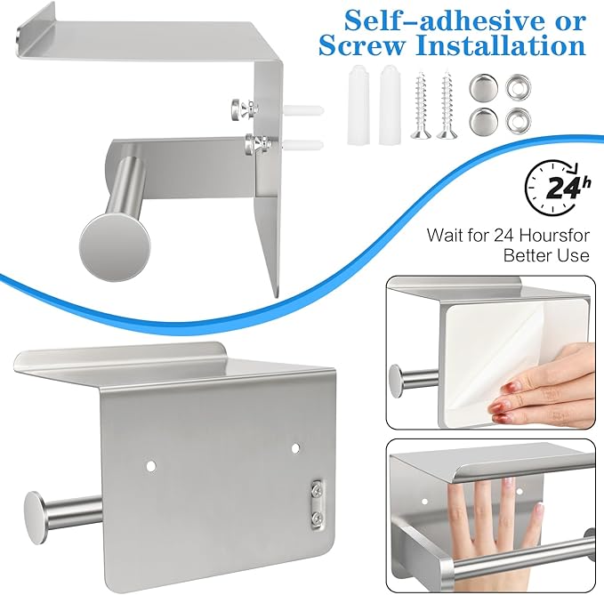 1pcs Toilet Paper Holder with Shelf, 1pcs Towel Ring and 4pcs Towel Hooks, Brushed Nickel Stainless Steel Bathroom Hardware Set