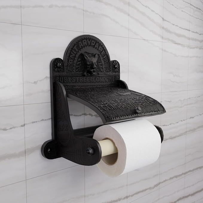 Renovators Supply Manufacturing Black Wall Mount Toilet Tissue Paper Holder 6.9" Wide Antique Ornate Victorian Style Solid Aluminum Rust Resistant Toilet Tissue Roll Holder Storage with Lid