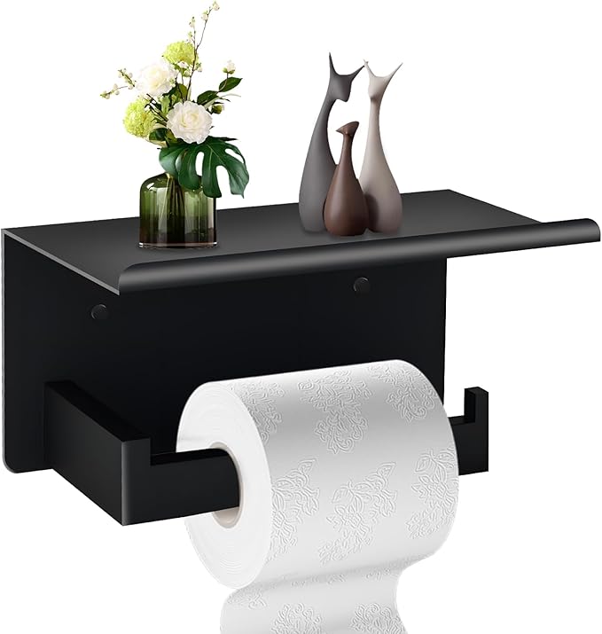Black Toilet Paper Holder with Shelf, Wall Mount Bathroom Tissue Roll Holder Organizer, Modern Storage Shelf for Phone, Book, Plant, Extra Roll, Matte Black Finish, Easy Install