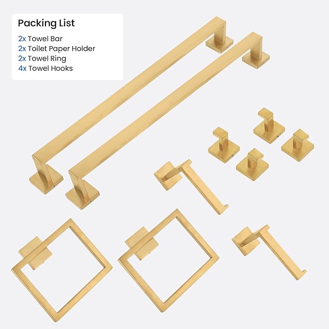 FAHKNS 10 PCS Bathroom Hardware Accessories Set 23.6 Inch Stainless Steel Bath Towel Bar Set Square Towel Ring Set for Bathroom Wall Mounted, Gold