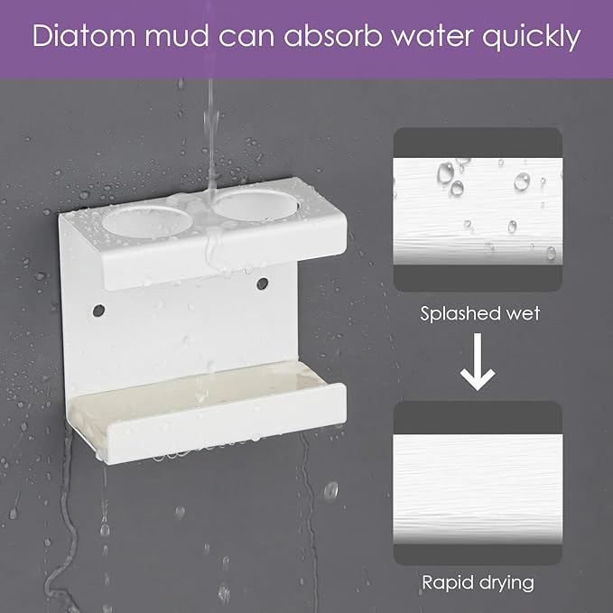 Electric Toothbrush Holder Wall Mounted, Toothbrush Stand with Diatomite Dish, Self Adhesive Storage Rack for Bathroom (White)