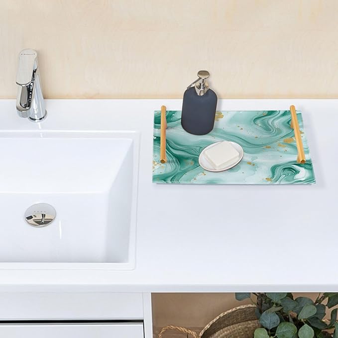 Watercolor Teal Marble Acrylic Serving Tray with Handles Bathroom Counter Trays Marbling Stone Decorative for Coffee Kitchen Desk Organizer Makeup Storage Tray