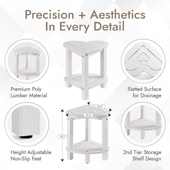 Corner Shower Stool for Inside Shower - Waterproof Corner Shower Bench, HDPE Plastic Bathroom Bench, Adjustable Height Corner Chair for Shaving Legs,Storage Shelf,Non-Slip Feet，White