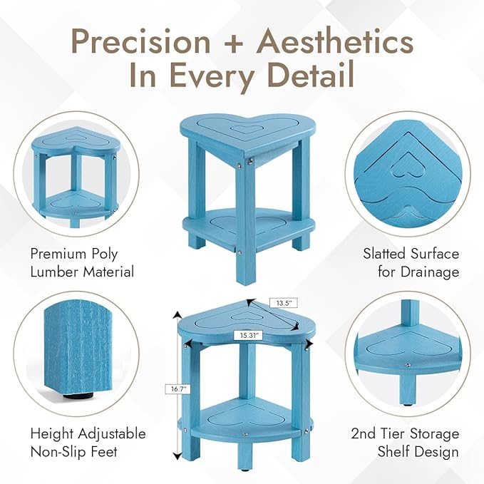 UHA Corner Shower Stool for Shaving Legs， HDPE Waterproof Bathroom Shower Bench, Poly Lumber Corner Seat with Storage Shelf, Adjustable Height Non-Slip Feet, No Maintenance(Pacific Blue)
