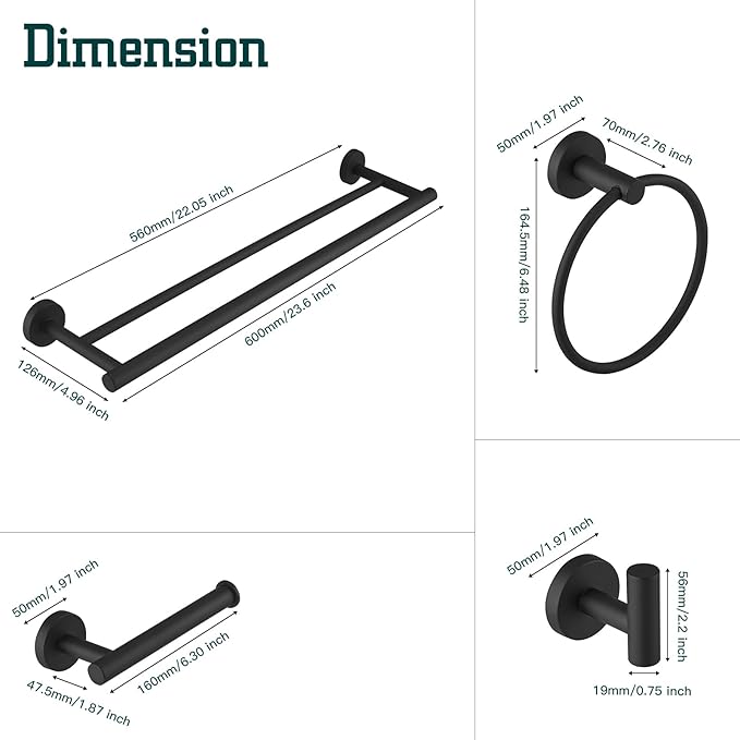 5Pcs Bathroom Hardware Set, Towel Racks for Bathroom Wall Mount, Stainless Steel Towel Bar Set with Toilet Paper Holder Hand Towel Holder Robe Hook Accessory Kit, Matte Black