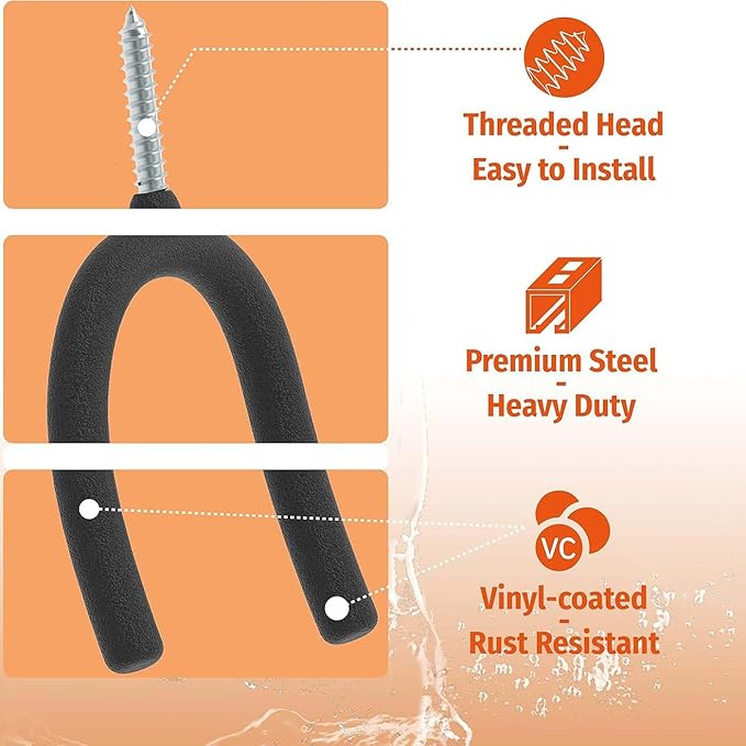 10 Pack Screw-in U Utility Hooks,Vinyl Coated Steel Wall Mount Garage Storage Hanger for Shed Yard,Heavy Duty Hangers for Broom,Rake,Mop,Shovel,Garden Tools,Workshop Organizer Hooks,Black