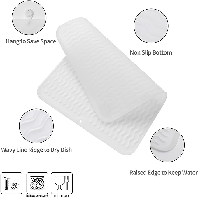 Silicone Dish Drying Mat for Multiple Usage,Easy clean,Eco-friendly,Heat-resistant Silicone Mat for Kitchen Counter or Sink,Refrigerator or drawer liner Translucent L 16 inches x 12 inches