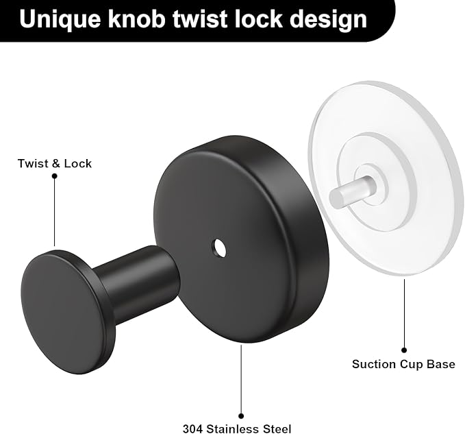 HUFEEOH 4-Pack Heavy Duty Suction Cup Hooks for Shower - Strong Vacuum Black Hooks for Towels, Robes & Accessories, Removable Bathroom Holder for Tile, Glass, Mirror - No Drill Hanging Solution