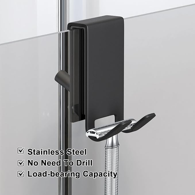 Shower Door Hook, Double-Sided Hook for Frameless Shower Doors (3.14 Inch), Heavy-Duty Stainless Steel Hook for Bathrobes and Towels, No Drilling or Adhesive Required, 2-Pack, Black