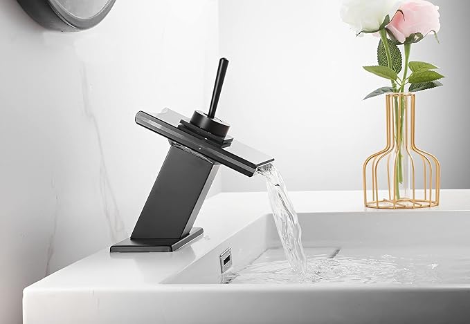 Black Bathroom Sink Faucet Glass Spout Waterfall Single Handle 1or 3 Hole Bath Sink Lavatory Faucet Vanity Basin Mixer Tap with Cover Plate Deck Mount Commercial