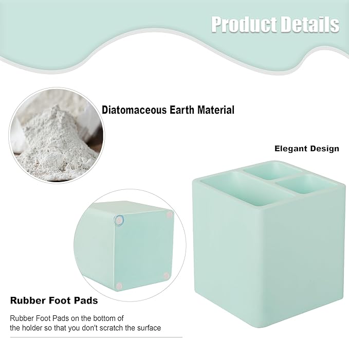 Diatomite Toothbrush Holders for Bathrooms, Electric Toothbrush and Toothpaste Holder 3 Slots Tooth Brush Organizer for Bathroom Countertop, Shower, Vanity - Green