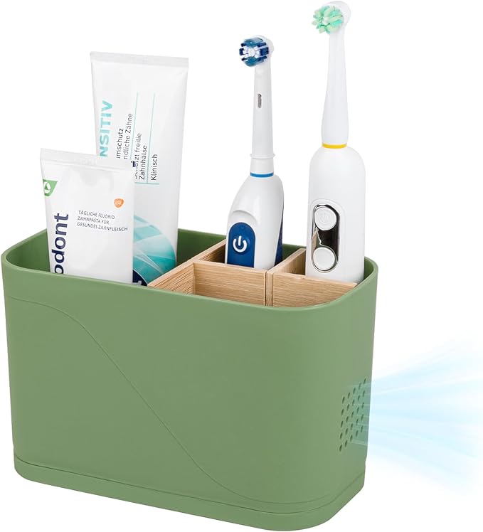 Toothbrush Holders for Bathrooms, Electric Tooth Brush Holder with Bamboo Dividers Kids Toothbrush and Toothpaste Organizer for Bathroom Countertop Accessories Storage, 4 Slots, Green