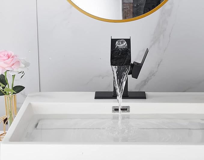 Black Bathroom Faucet Waterfall 1 Hole Bath Lavatory Vanity Sink Faucet Single Handle Modern Basin Tap Brass Deck Mount Commercial