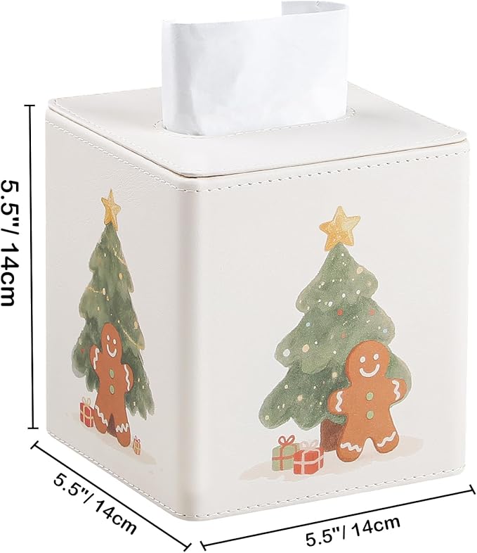 PU Leather Tissue Box Cover Square Tissue Box Holder with Magnetic Closure (Christmas Style)