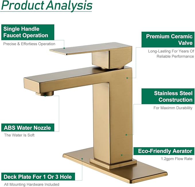 VOTON Brushed Gold Bathroom Faucet, Modern Bathroom Faucet 1 Hole, Single Handle Bathroom Sink Faucet Brushed Gold with Deck Plate & Water Supply Hoses