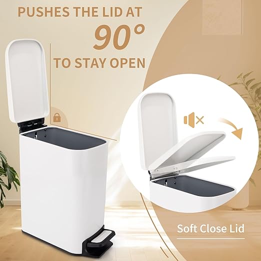 Slim Bathroom Trash Can with Soft Close Lid, Step Pedal, Removable Inner Bucket, Small Trash Can,6 Liter / 1.6 Gallon, Fingerprint-Resistant Small Garbage Bin for Bedroom, Office, Kitchen (White)