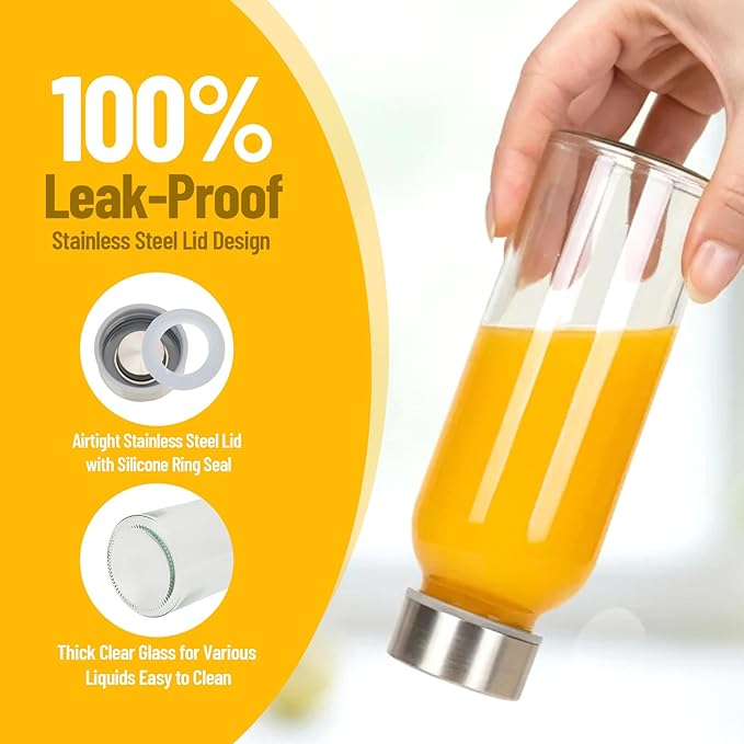 10 oz Clear Glass Bottle with Lid, Reusable Glass Water Bottles with Stainless Steel Cap & Straws for Juicing, Milk, Ginger & Smoothies, Refrigerator, Leak-Proof, Juice Containers Set of 16