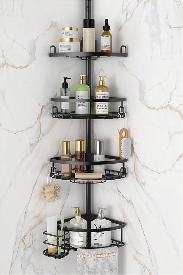Corner Shower Caddy Tension Pole, 4 Tier Adjustable No Drill Rustproof Large Capacity Space-Saving Shower Shelves Organizer Storage Rack 45.29-119in for Bathroom Bathtub Family Renters, Black