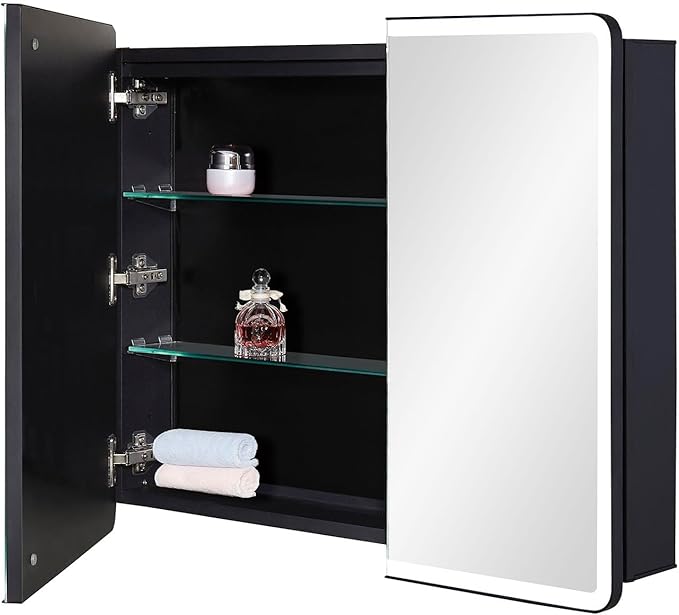Lighted Bathroom Medicine Cabinet with Round Corner Framed Mirror Door 30 x 25.6 inch, Recessed or Surface Mount, with Adjustable Glass Shelves