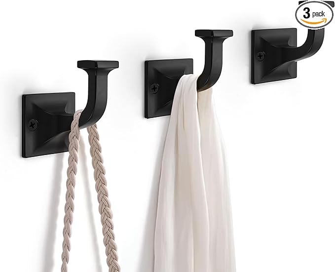 TUNNY 3 Pack Coat Hooks - Matte Black Robe Hooks Decorative Wall Hooks for Bathroom Bedroom Kitchen Towel Robe Clothes Cabinet Closet Bathroom Hardware
