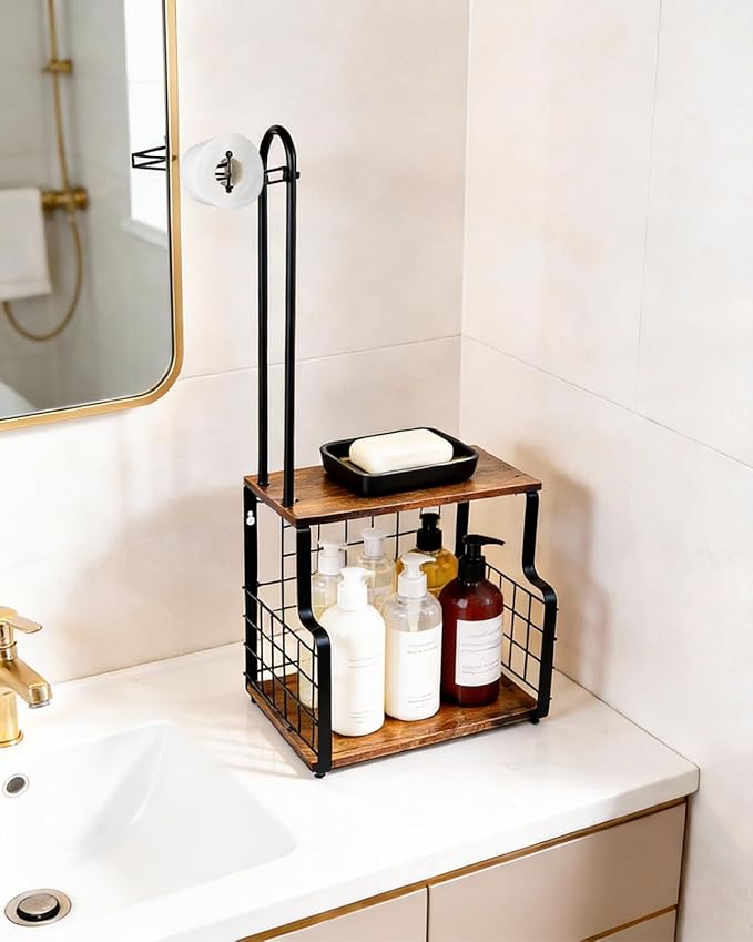 Bathroom Toilet Paper Holder with Storage Shelf, Wall Mount Toilet Paper Holder Stand with Metal Basket, Bathroom Tissue Storage Organizer for Rolls, Magazines， Phone & Shower Essentials