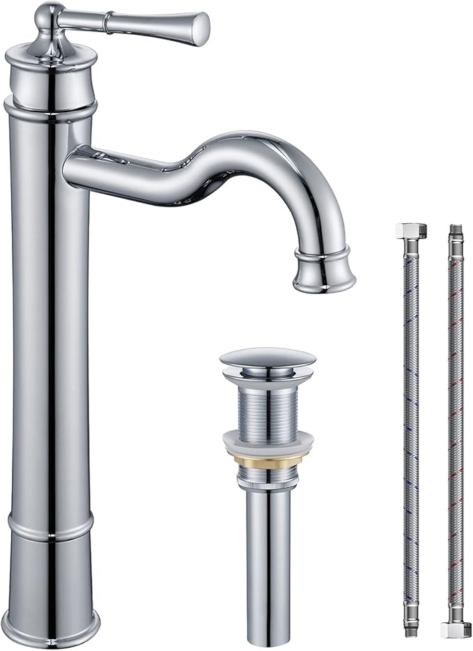 Vessel Sink Faucet Chrome Bathroom Tall Faucet Single Hole Deck-Mount Pop up Drain Assembly Without Overflow Water Supply Lines Included