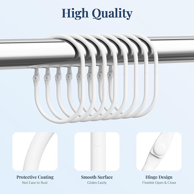 Shower Curtain Rings, White Shower Curtain Hooks 12 Pcs Anti-Drop Shower Rings for Curtain, Metal Shower Curtain Rings Rust Proof, Shower Hooks for Shower Curtain Rod, Curtain Rings