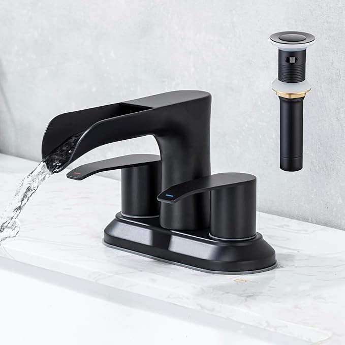 4 Inch Waterfall Bathroom Sink Faucet Centerest Bathroom Faucet Dual Handle Vanity Faucets 2 Hole or 3 Hole Waterfall Basin Mixer Tap with Pop Up Drain, Matte Black