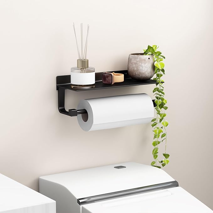 Danpoo Wall Mount Paper Towel Holder with Shelf for Bathroom/Kitchen, Adhesive Hand Towel Holder, Matte Black