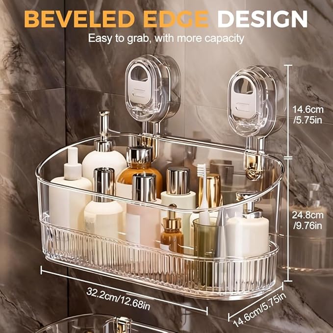 2026 New No-Drill Bathroom Suction Storage Box, Large Capacity Strong Load-Bearing Suction Cup Storage Rack with Drain Holes, Removable Shower Caddy Hanging Wall Mount Kitchen Organizer (2, Gold)