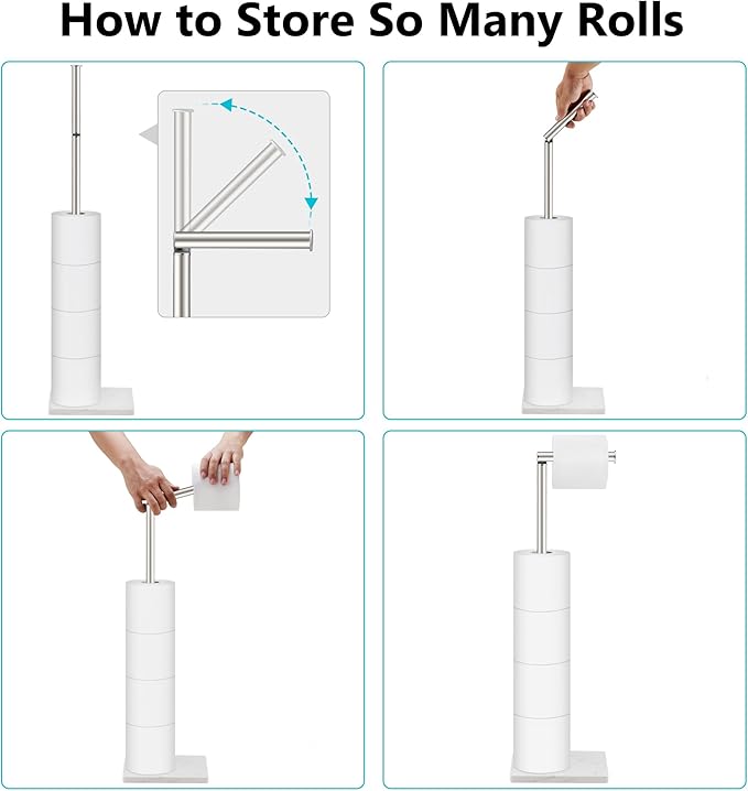 Toilet Paper Holder Free Standing, 6 Rolls Modern Stainless Steel Standing Bathroom Toilet Paper Roll Holder Stand with Storage Brushed Nickel Tissue Holder, Marble Base, Naturous