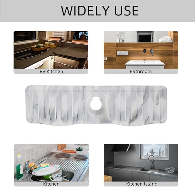Silicone Sink Splash Guard 20 Inch Extended Ramp Kitchen Faucet Mat Bathroom Kitchen Sink Mat Non-Slip Splashproof Drying Mat Placemat (Marble, L（20" x 5.7"）)
