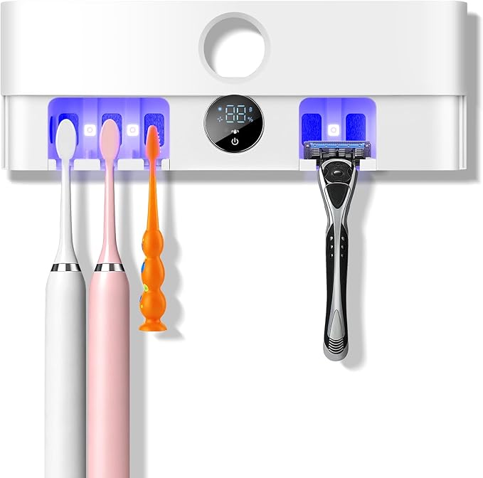 Wall Mounted Toothbrush Holder&Toothbrush Cleaner,Electric Toothbrush Holder, Razor Holder and Cleaner for Bathroom Accessory, with Auto Inductive Open/Close Cover, Clean, Dry for Home,Travel-5Slots