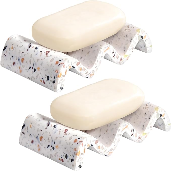 Luxspire Soap Dish, Marble Soap Dish, Self-draining Tray, Soap Holder Saver for Shower, Bathroom, Sink, Kitchen and Countertop, Terrazzo, 2 Pack