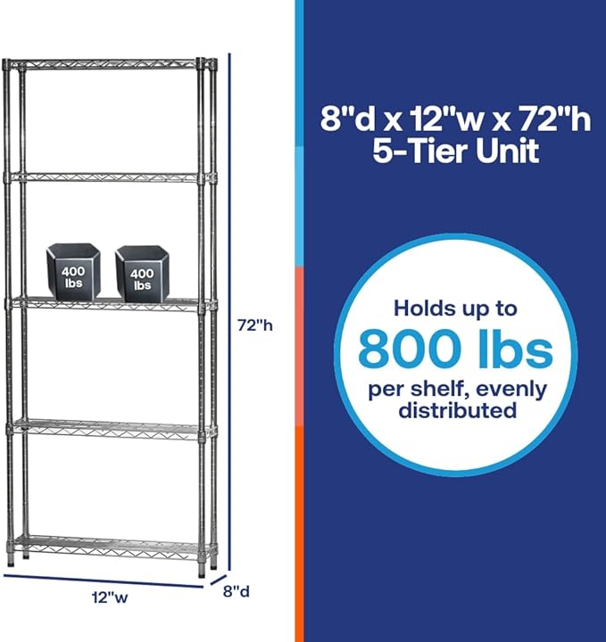 Shelving Inc. 8" d x 12" w x 72" h Chrome Wire Shelving with 5 Tier Shelves, Weight Capacity 800lbs Per Shelf