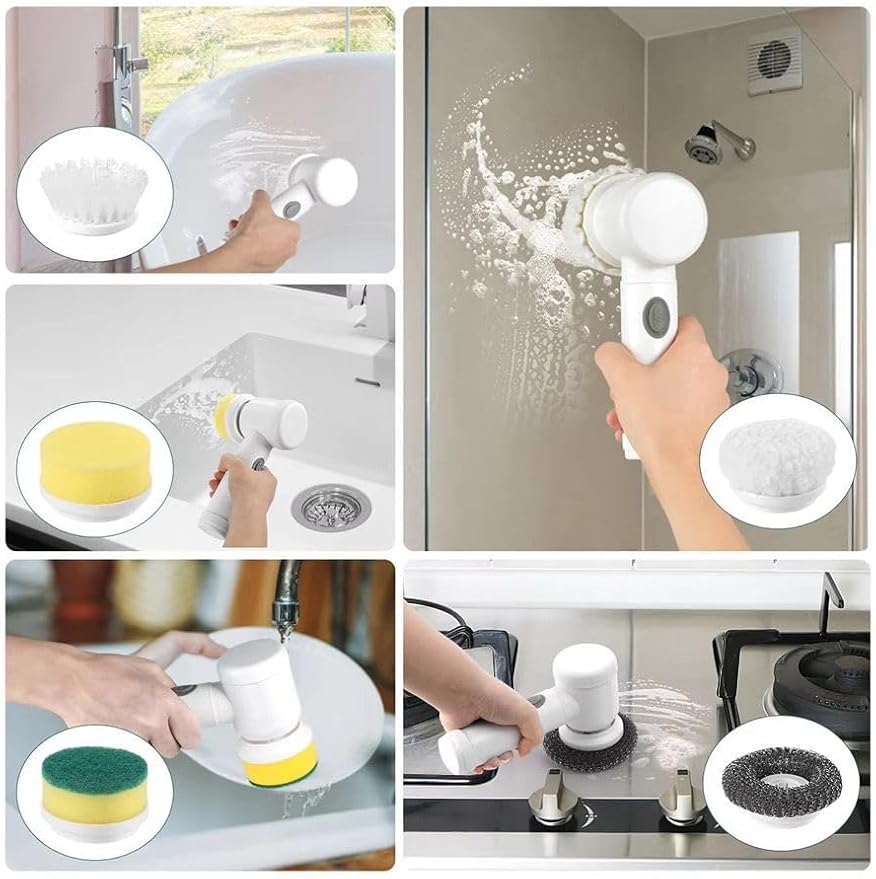 Electric Power Scrubber Set with 5 Brush Heads, USB Rechargeable Cleaning Brush for Bathroom, Kitchen, Car, Window, Includes Sponge, Steel Wire, Soft Brush, Lamb Fleece Attachments