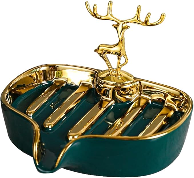 Soap Dish, Luxurious Ceramic Soap Dish Self Draining Soap Holder Tray Easy Cleaning Soap Saver for Shower Bathroom Kitchen Sink Bathtub Hotel Travel(Green Painted in Gold)