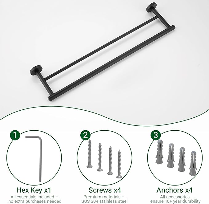 Miyili Matte Black Double Bath Towel Bar 24-Inch SUS 304 Stainless Steel Hand Towel Rack for Bathroom, A01B60B