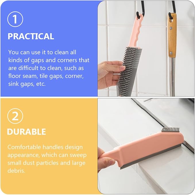 Multi-Functional 3-in-1 Crevice Cleaning Brush and Bathroom Floor Brush with Hard Bristles, Pink Seam and Countertop Cleaner for Household and Kitchen Cleaning