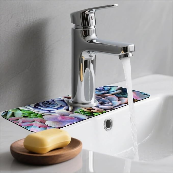 Kitchen Sink Splash Guard，Colorful plants succulents Faucet Mat Sink Gadgets-Super Absorbent Fast Drying Mat Drip Catcher for Kitchen, Bathroom,Sink Mat, Dish Drying Mat, Bathroom(15" X 5.5" )
