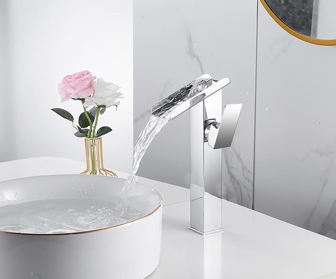 Bathroom Vessel Sink Faucet Chrome Waterfall Single Handle One Hole Bathroom Faucets Tall Brass Vanity Lavatory Bowl Sink Modern Commercial Basin Mix Tap Deck Mount Water Supply Hose
